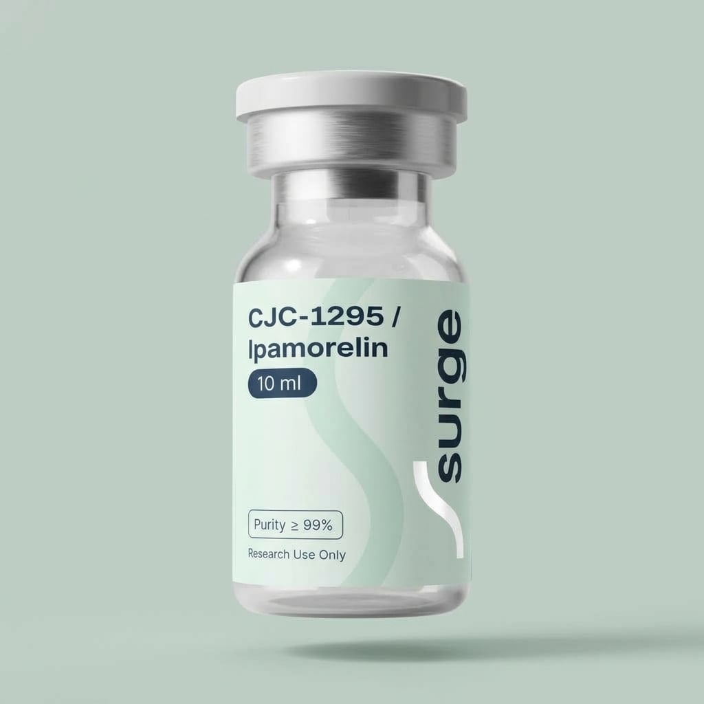 Surge CJC-1295 / Ipamorelin research vial on a light green background